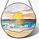 LAOWEIKI 8'' Ocean Sunset Suncatcher Ornament, Stained Glass Window Hanging, Suncatchers for Windows Hanging Ornaments, Window Decor | Beach Lover Gift, Summer Vibes Gift, Gifts for Friends, Famliy