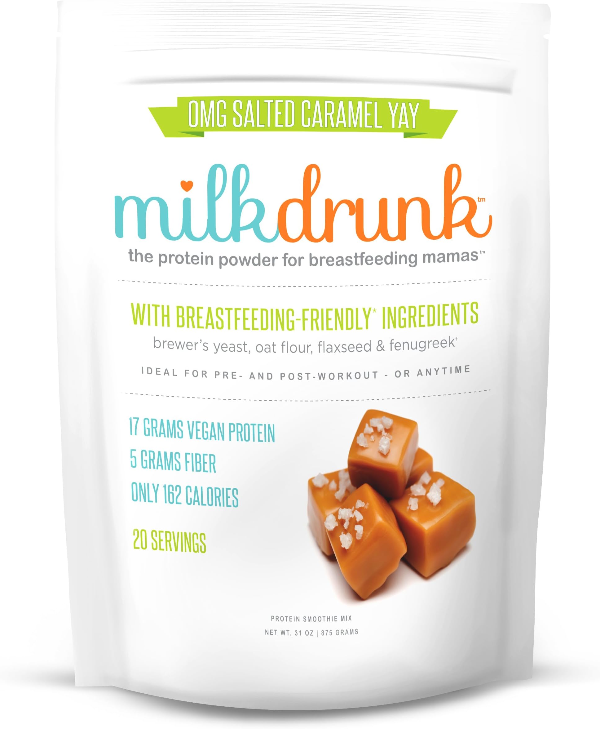 Milk Drunk - Salted Caramel Protein Powder for Breastfeeding - 20 Servings Vegan Protein & Lactation-Boosting Ingredients - 18g Protein 5g Fiber 5g Sugar - Oats, Flaxseed, Brewer's Yeast & Fenugreek