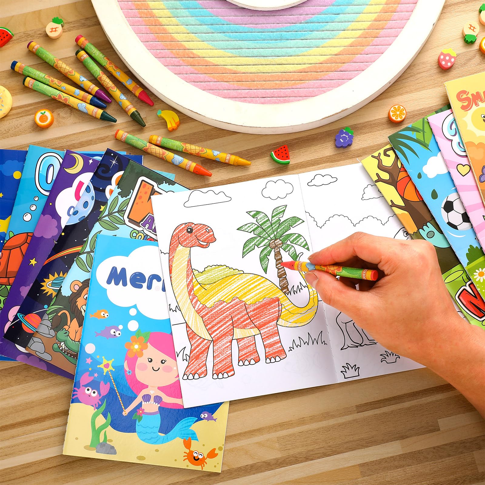 Fulmoon 144 Pcs Coloring Books with Crayons for Kids Bulk Dinosaur Animal Unicorn Space Mini Coloring Books for Toddler Ages 6+ Birthday Party Favors Classroom Activity Supplies Crafts