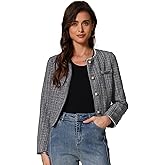 Allegra K Tweed Jacket for Women's Long Sleeve Casual Work Office Plaid Short Outwear