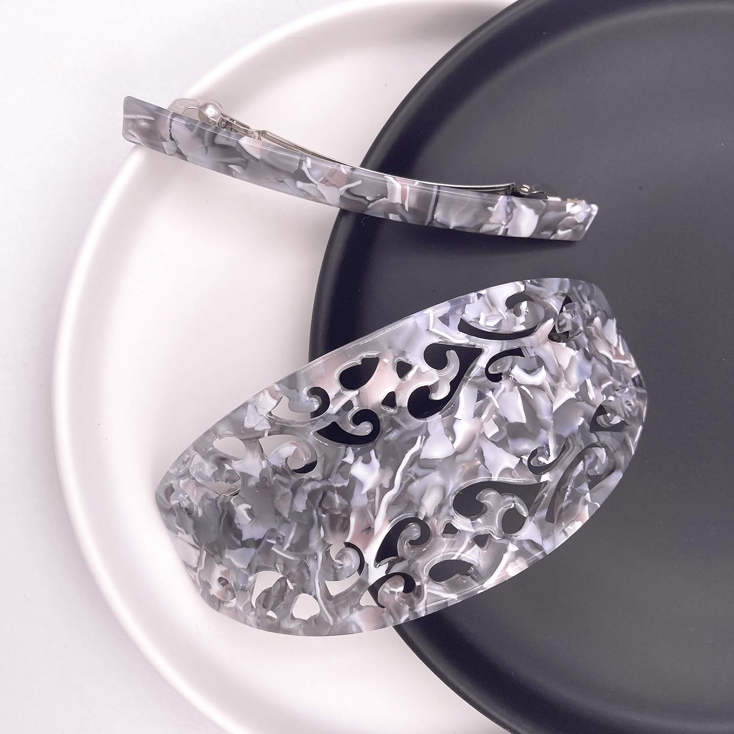 Strong Large Hair Barrette Set For Thick Hair Grey Marble Filigree for Women : Beauty