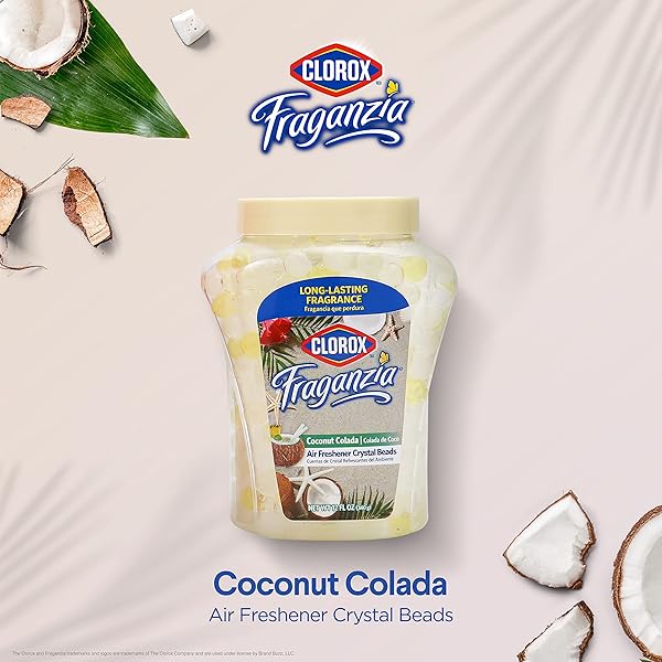 CLOROX FRAGANZIA CRYSTAL BEADS AIR FRESHENER, LONG LASTING ROOM DEODORIZER AND ODOR ELIMINATOR GEL BEADS TO FRESHEN HOME, CAR, OR OFFICE, COCONUT COLADA SCENT, 12 FL OZ