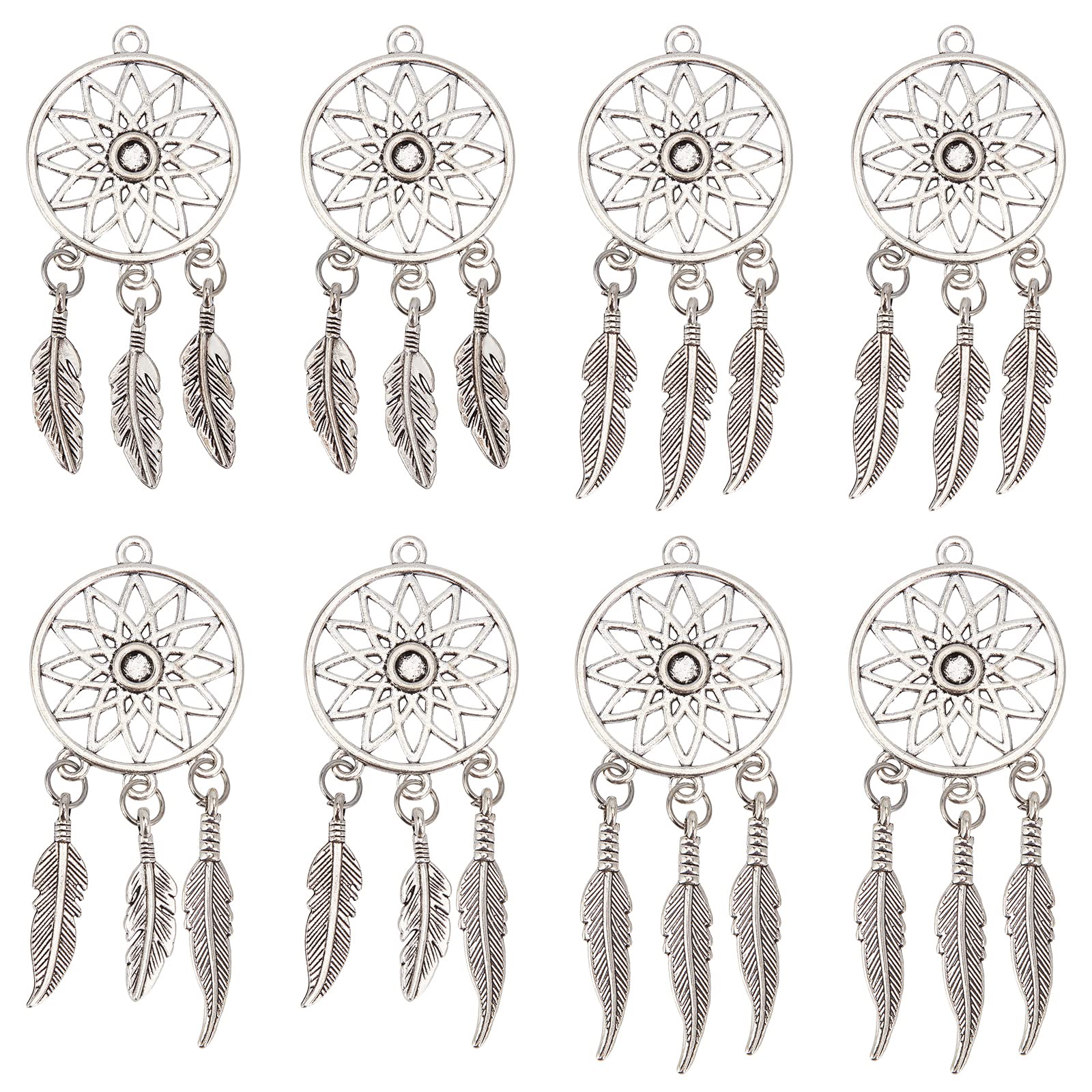 NBEADS 16 Pcs Dream Catcher Pendants, 4 Sizes Antique Silver Alloy Big Pendants Tibetan Style Dreamcatcher Charms for DIY Keyring Necklace Jewelry Making Wallet Hanging