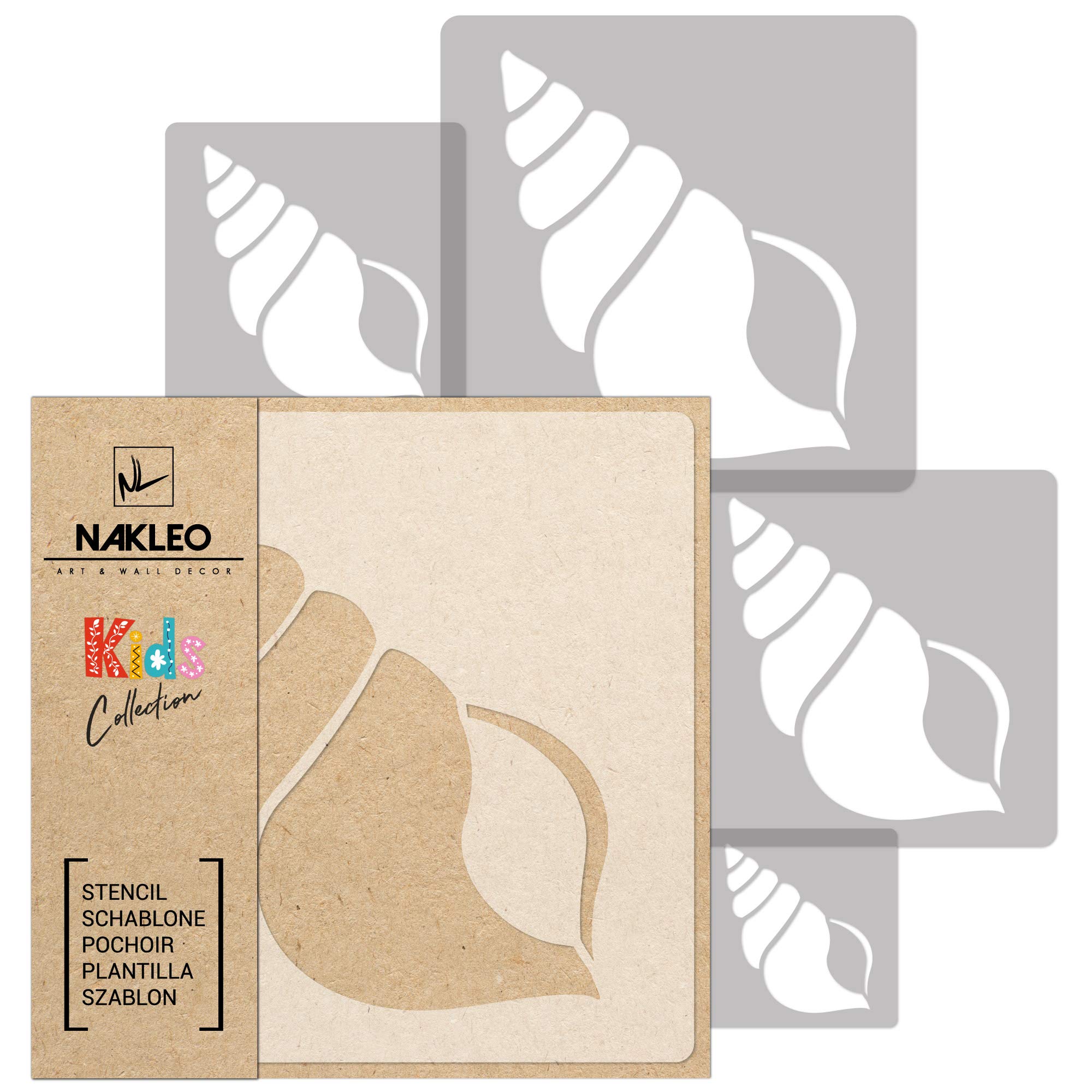 NAKLEO Painting Stencils Set for Nursery Room, 5 Pcs Templates 9x9 to 34x34cm Cone Shell Crustacean, Plastic and Reusable Drawing Stencils, Decor, Craft DIY Wall Furniture