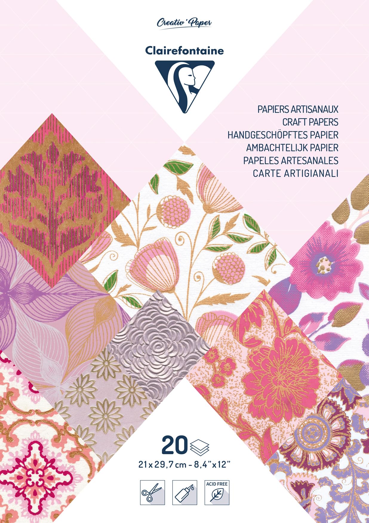 Clairefontaine 95093C Pad of 20 Sheets of Paper Format A4 21x29,7cm Handmade Textured Creative Leisure Cardmaking Scrapbooking Decoration Pink/Violet colours — image 1