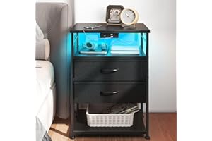 AODK Night Stand with Charging Station, End Table for Bedroom Tall Nightstand with Drawers, Small Nightstand for Bedroom, 4 Tier Storage Bedside Table, Black