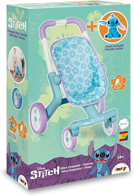 – Stitch Puppenwagen inkl. 25 cm Stitch Plüschfigur – Ergonomischer Schiebegriff, frei drehende Vorderräder – Lauflernwagen für Kinder ab 18 Monaten