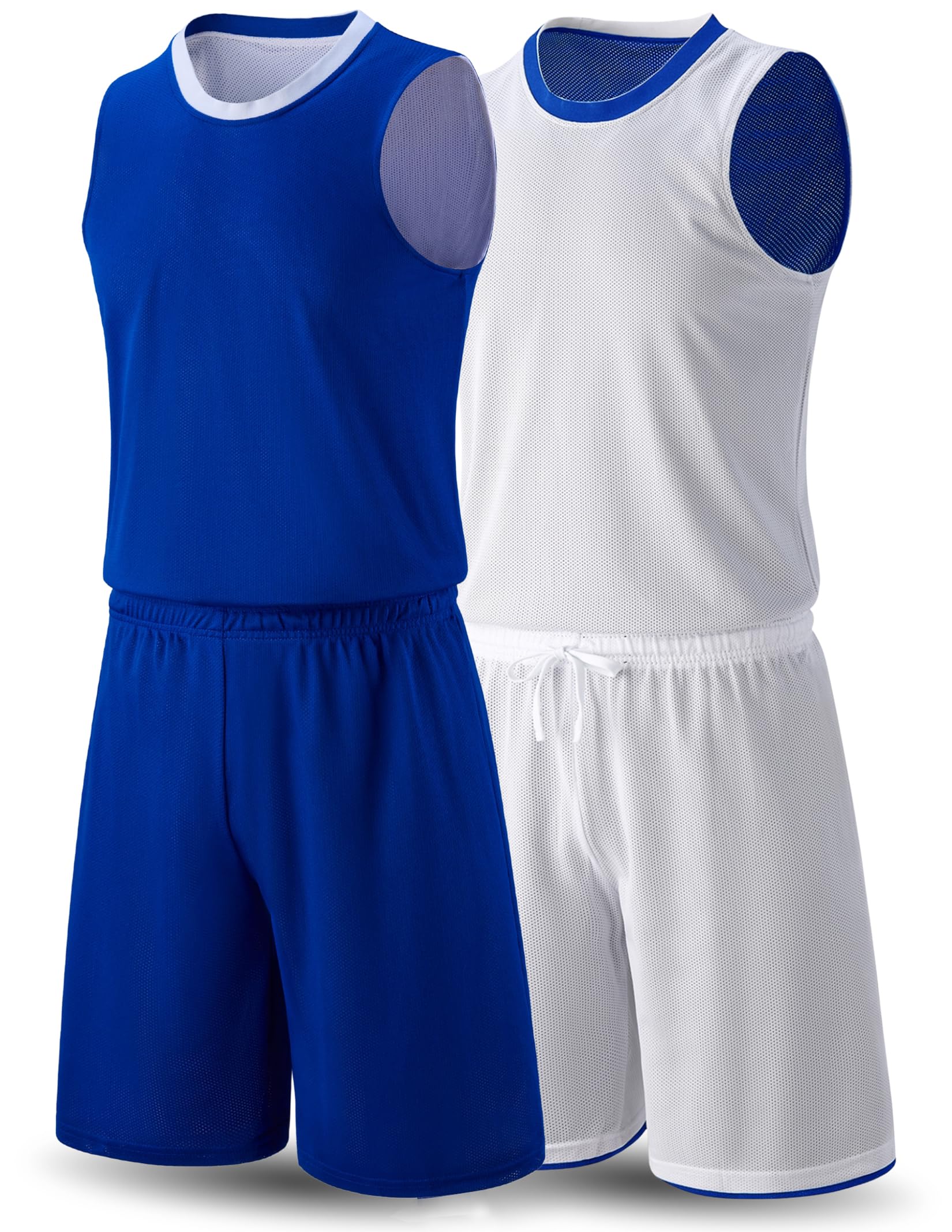 Photo 1 of 1 Set of Men's Reversible Basketball Jersey and Shorts, Double-Sided Custom Athletic Uniforms for Team Sports Practice (Blue/White, Medium)