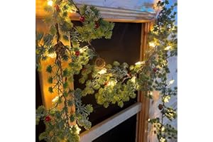 GUDEGOU 6FT Christmas Garland with Lights- Battery Operated Christmas Garland with Timer, Greenery Pine Garland with Starts, Red Berries, Cones for Winter Door Fireplace Stairs Railing Decor