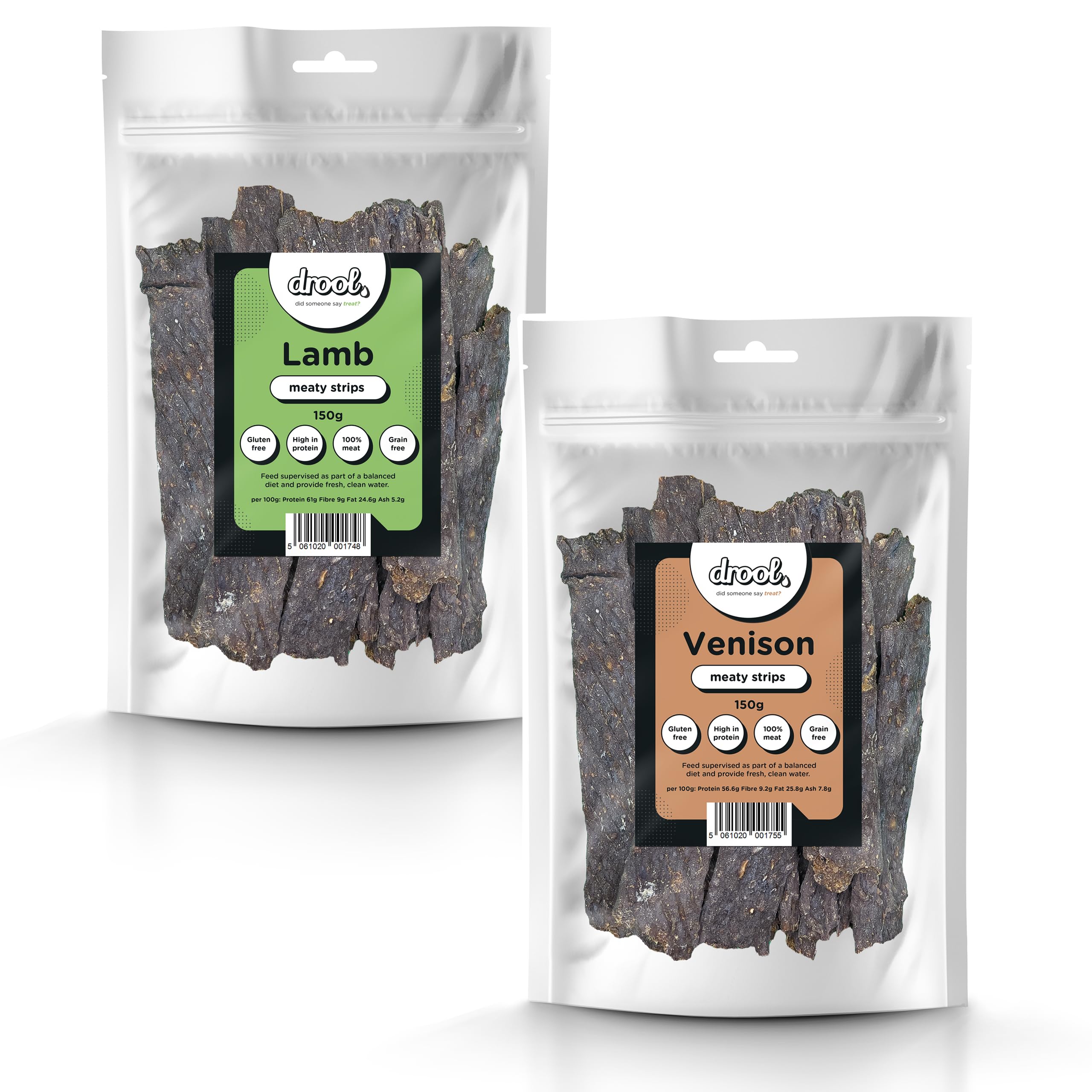 Drool Pet Products | 100% Pure Dried Fresh Meat | Twin pack Lamb, Venison Meaty Strips for Dogs 2 x 150g | Air-Dried Nibbles Dog Chews for Dogs & Puppies