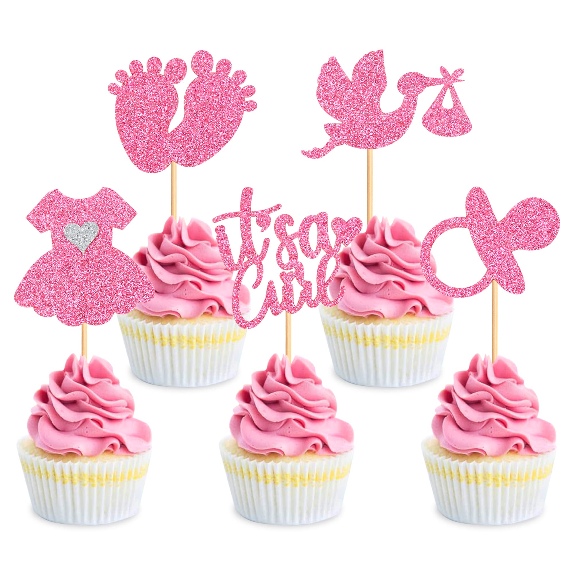 Blumomon 30Pcs It's a Girl Cupcake Toppers Pacifier Glitter Onesie Jumpsuit Cupcake Picks Swan Pacifier Cake Decorations for Baby Shower Girl Birthday Theme Party Supplies Pink