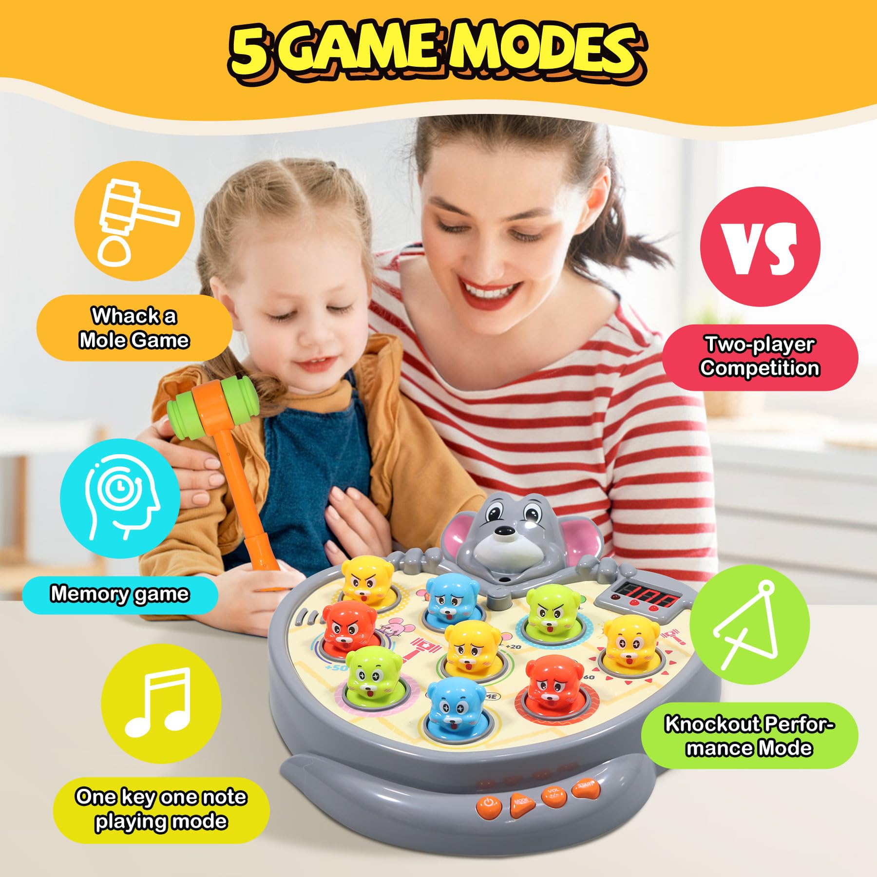 Hammer Pounding Game,Toys for 2 + Year Old Boys,Fine Motor Gift for Toddlers 3 4 5 Year Old,Interactive Educational Toy with 5 Game Modes,9 Music & Light,45 speedings