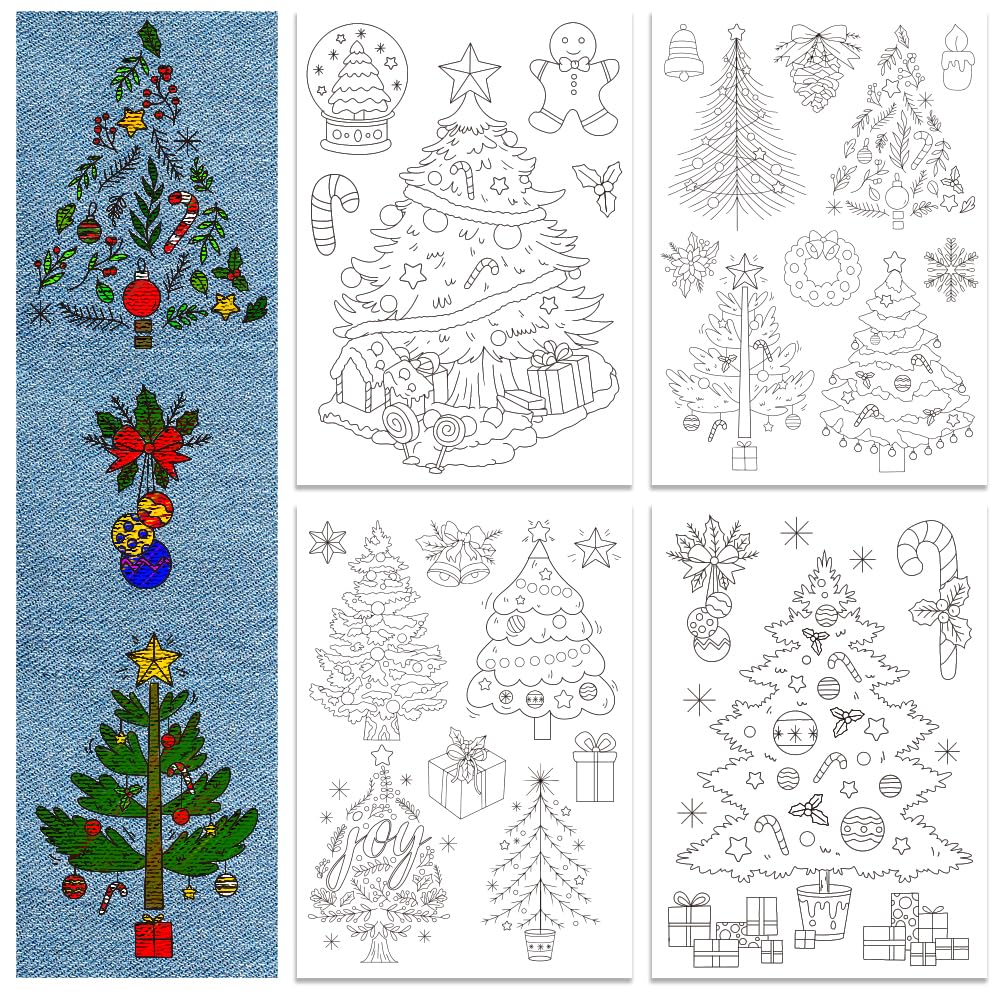 GLOBLELAND 4 Sheets Christmas Tree Water Soluble Hand Sewing Stabilizers for Fabric 11.6x8.2 Inch Embroidery Stitch Practice Embroidery Patterns Transfers for Embroidery Beginners