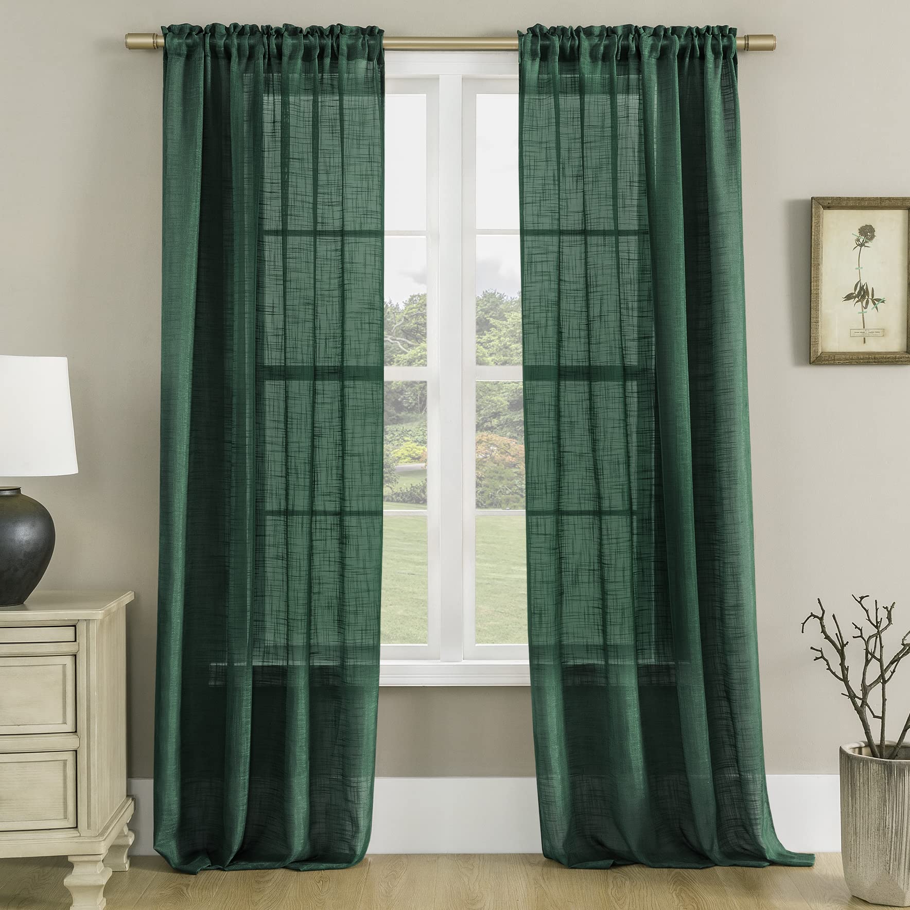 Emerald Green Sheer Curtains 84 Inches Long for Living Room,Rod Pocket Faux Linen Textured Neutral Moody Dark Academia Window Treatments Drapes 84 Inch Length 2 Panels Set,Hunter Forest Dark Green