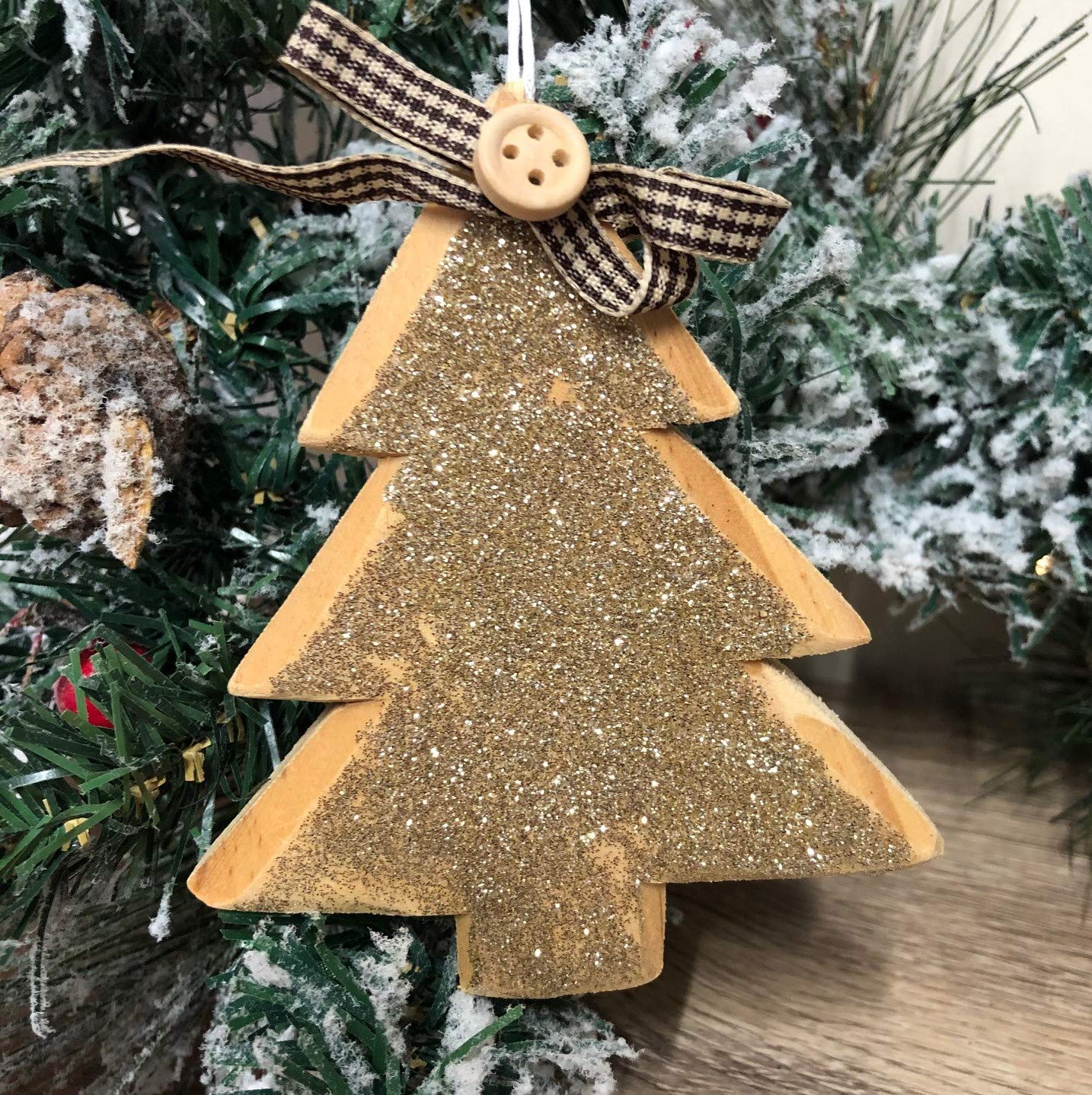Mezzaluna Gifts Golden Sparkle Christmas Tree Hanging Decoration with Gingham Bow & Beading