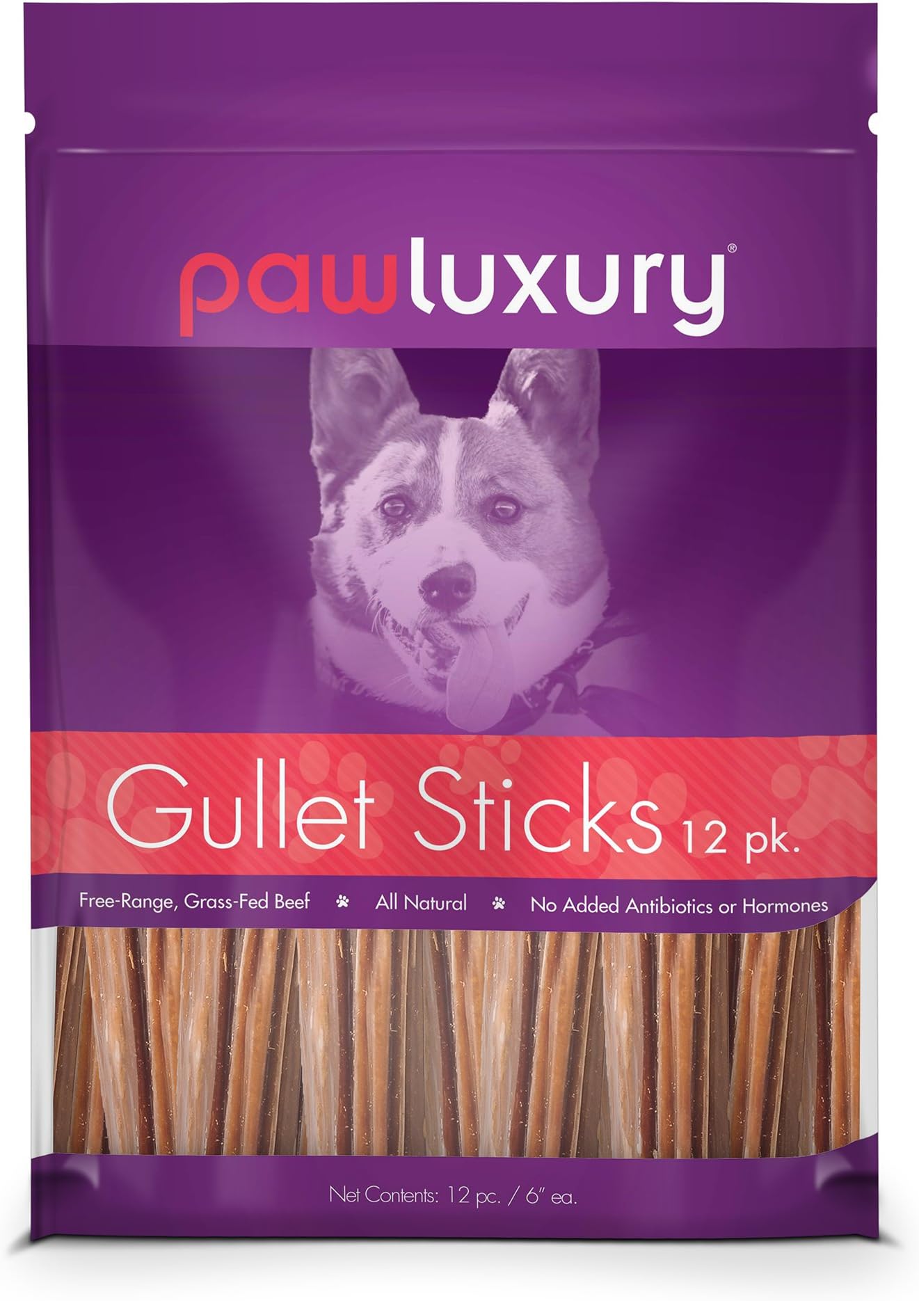 6-Inch Gullet Sticks By Pawluxury (12 Pack) All-Natural Beef Dog Treats