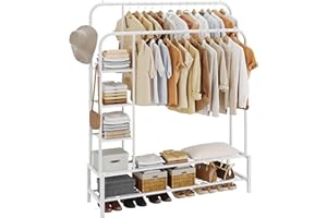 JOISCOPE Double Rods Portable Garment Rack for Hanging clothes, 49.4 * 64.5 Inch Metal Clothing Rack with Bottom Shelves and 4 Hooks,Freestanding Clothes Rack for Bedroom,Space Saving, White
