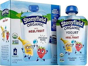 Stonyfield Organic Kids Strawberry Banana Lowfat Yogurt Pouches, 3.5 oz. Each, Includes Live Active Cultures, 4 count (pack o