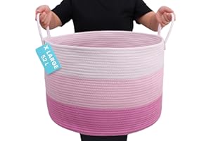 OrganiHaus Large Woven Storage Basket for Blankets and Toys 20" x 13" Inch, Rope Laundry Basket with Handles, Cushions & Pillows Storage Bin, Nursery Hamper, Soft Round Dog Toy Bin - Pink
