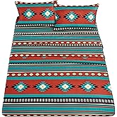 Chezmoi Collection Prescott 3-Piece Southwestern Microfiber Sheet Set, Printed Geometric Tribal Multicolor Red Teal Beige Bed Sheets, Twin Size