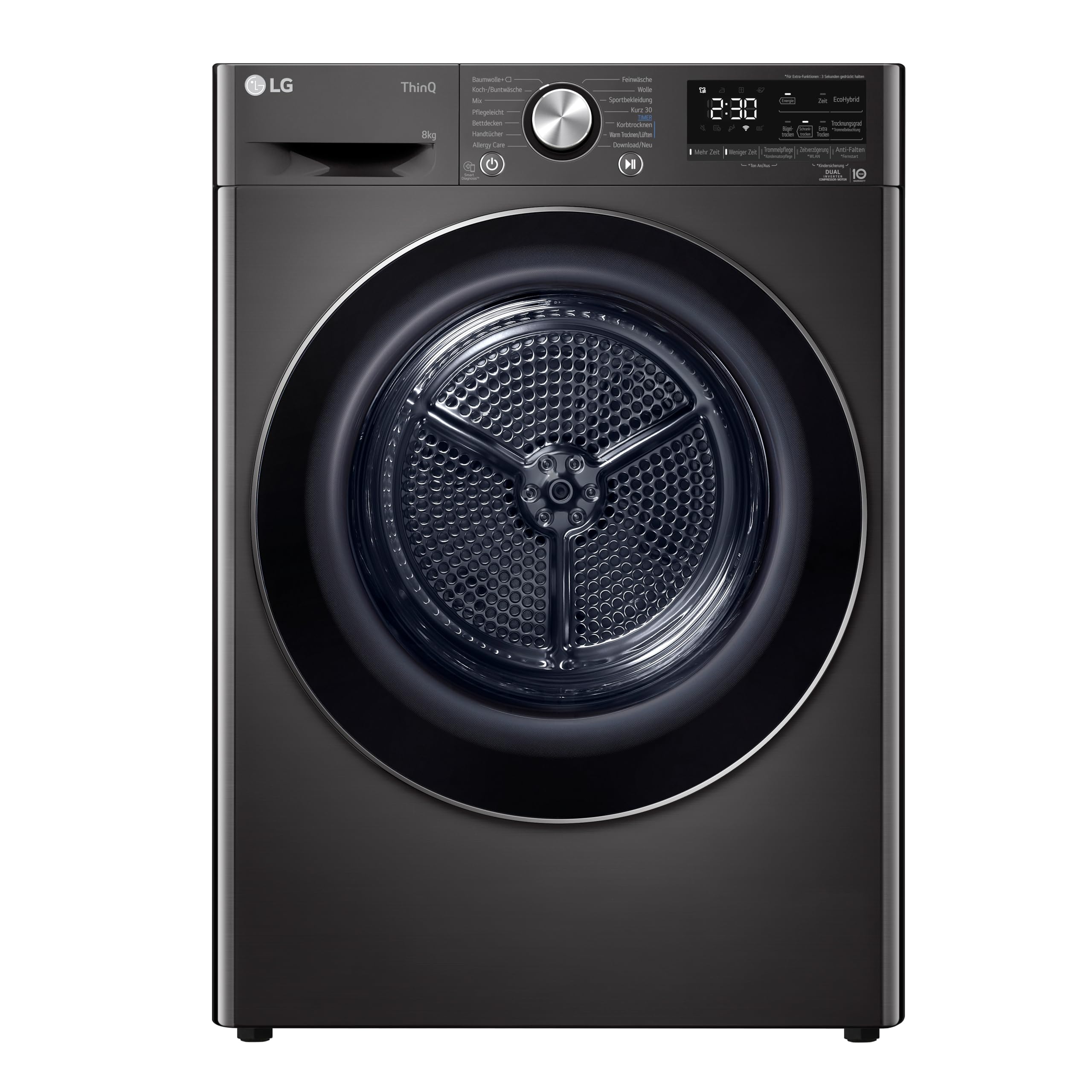 LG RT80V9B, Klasse A+++,Trockner 8 kg, Wärmepumpentrockner mit Kurzprogramm, Trockensensor, Trommelmaterial aus Edelstahl, 60 x 69 x 85 cm ꟷ Schwarz