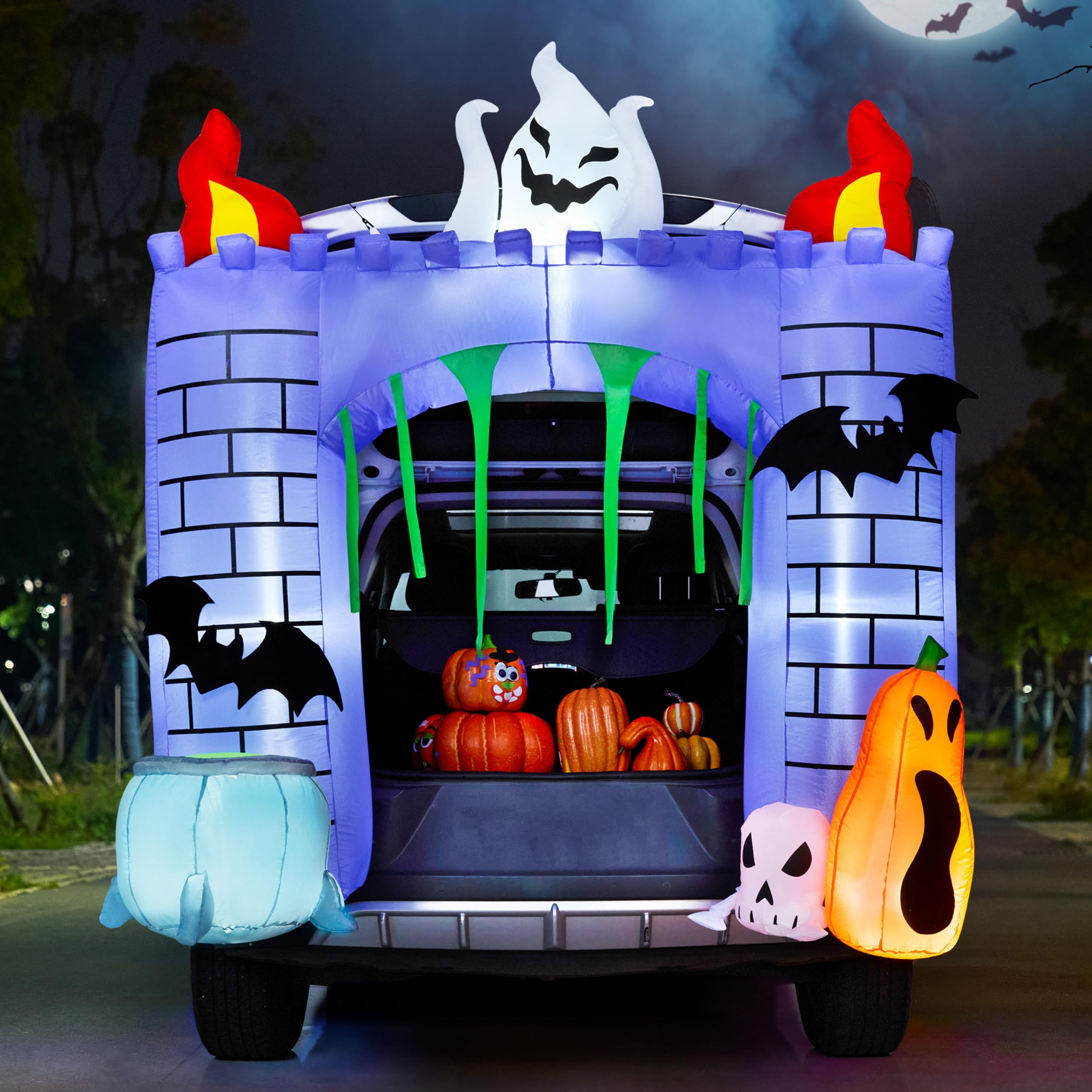 Photo 1 of Joiedomi 6 ft Halloween Inflatable Outdoor Decorations, Trunk or Treat Car Decorations, Halloween Blow Ups Haunted Castle with Build-in LEDs, Inflatable Pumpkin and Ghost for Outside Decor
