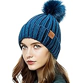 PIOZAED Womens Winter Beanie Hat Fleece Lined Warm Skull Cap with Faux Fur Pom Cuff Knitted Hat for Women