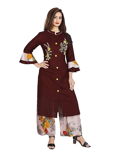 Women's Rayon Embroidered Kurta With Printed Palazzo Set (Brown-White)