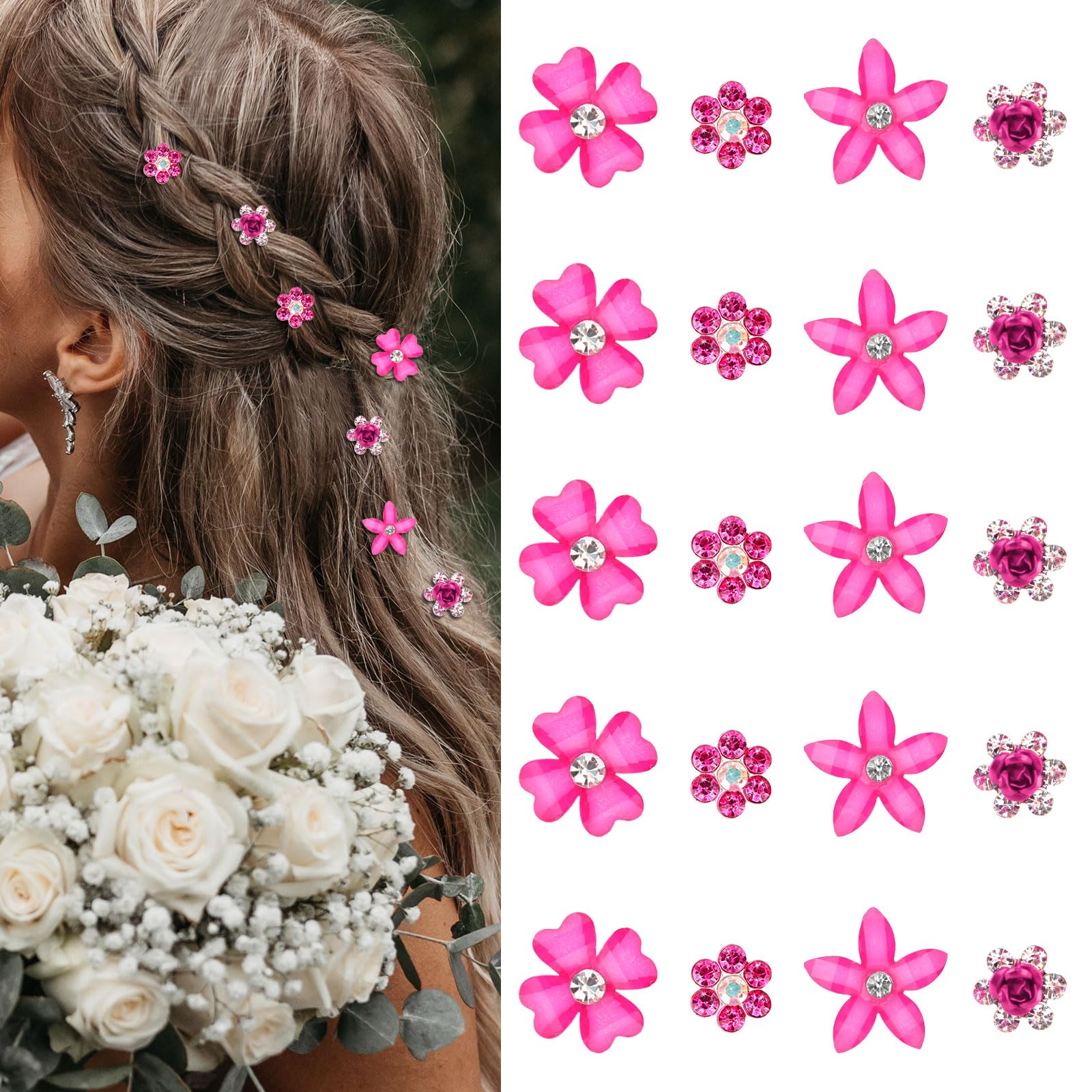 Photo 1 of YISSION 20pcs Mini Cute Rhinestone Hair Pins - Decorative Wedding Barrettes - Pink Flower Hair Clips - Bridal Accessories for Girls & Women (4 Flower Pattern)