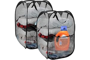 2 Pack Collapsible Laundry Basket with Reinforced Handles and Pockets, Portable Pop Up Mesh Laundry Hamper for Travel Laundry
