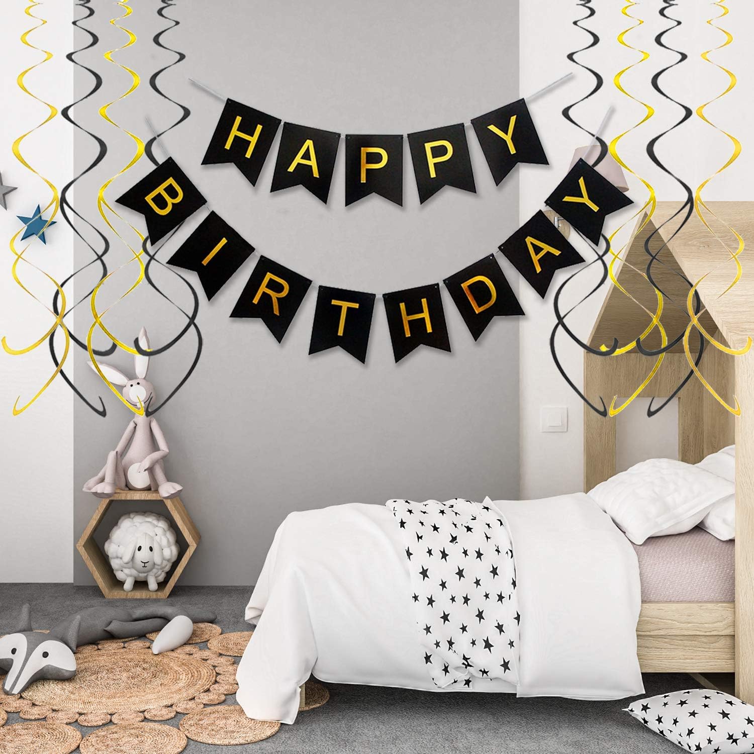 Kids Allfun Happy Birthday Banner Black And Gold Birthday Decorations Birthday Bunting And Hanging Swirls Birthday Banners For Men Boys Banners Toys Games Chefhouseresort Com Np