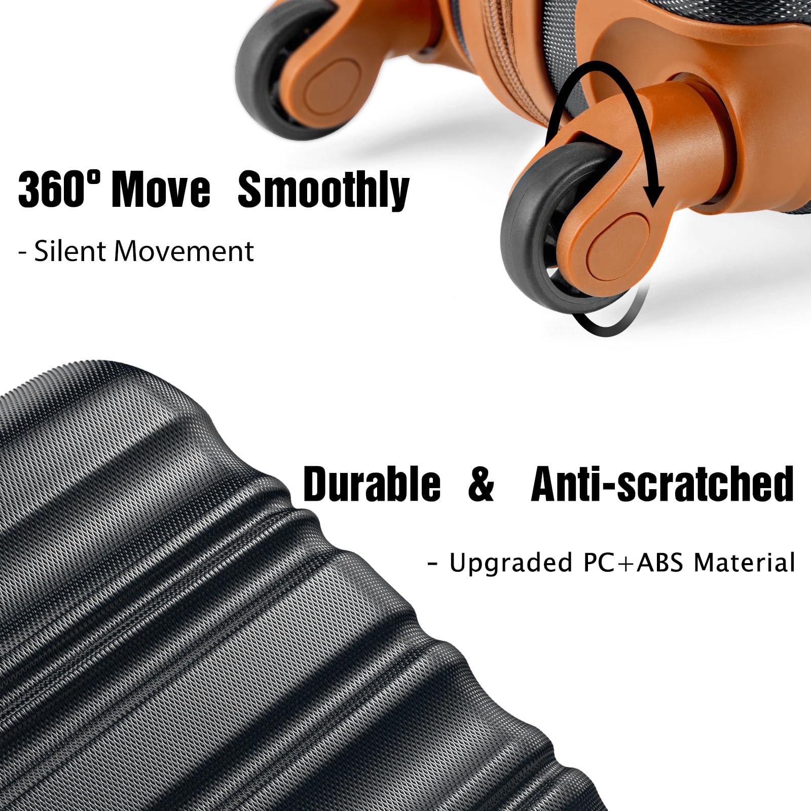 LONG VACATION 6 Piece Luggage Set Carry on Suitcase with ABS+PC hardshell, Spinner Wheels & YKK Zipper TSA Lock (BLACK-BROWN, 6 piece set)