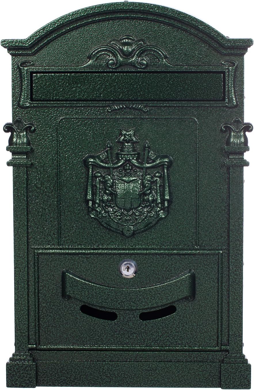 Antiker großer und sehr edler Briefkasten LB-001-Long Grün Wandbriefkasten, Briefkasten, Nostalgischer Englischer Briefkasten Alu - Guss 47 cm hoch . Mit Befestigungsmaterial für die Wand. mit 2 Schlüsseln , Rostfrei