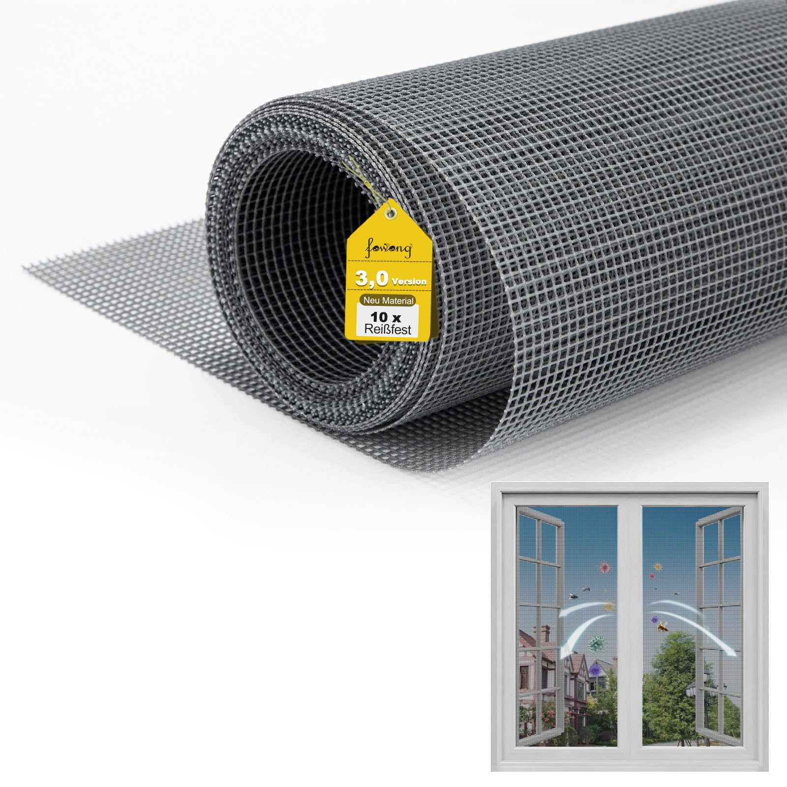 fowong Fly Screens for Windows Net, 120cm x 250cm Mosquito Netting, Adjustable DIY Fly Screen Window Mesh Roll, Window Screen Replacement, Insect Netting Bug Bee Mosquito Protector, Grey — image 1