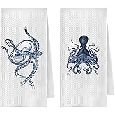 ChenCraty Coastal Octopus Kitchen Towels Set of 2, Coastal Beach Dish Tea Towels for Kitchen Decor, Blue and White Beachy Decorative Hand Towels, Octopus Bathroom Decor, 16x24 Inches