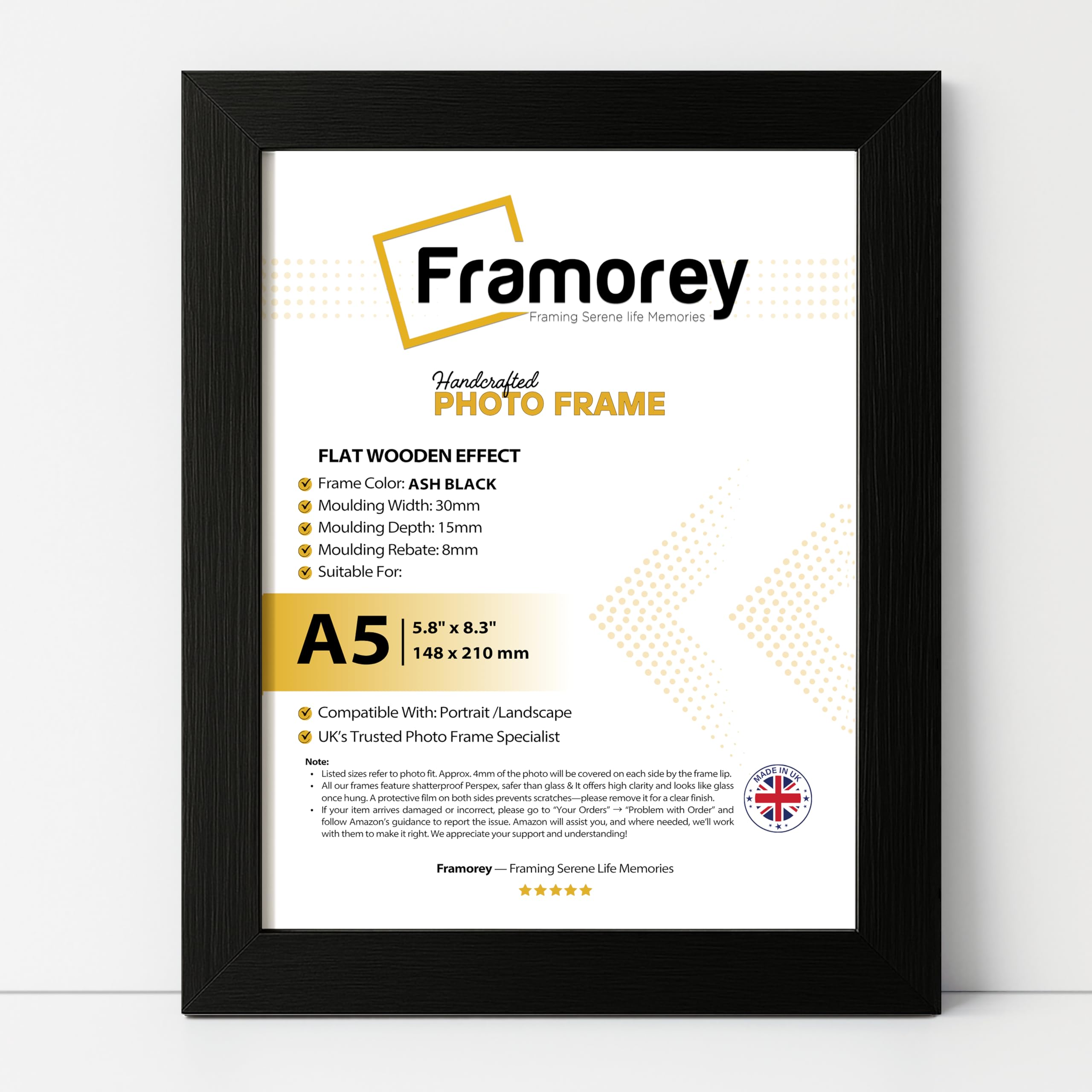 FRAMOREY A5 Frame Black, Wooden A5 Photo Frames, Black Picture Frames 21 X 14.8 cm, A5 Picture Frames with Stand Tabletop or Wall Hanging, Engineered Wood with Shatter Resistant Glass