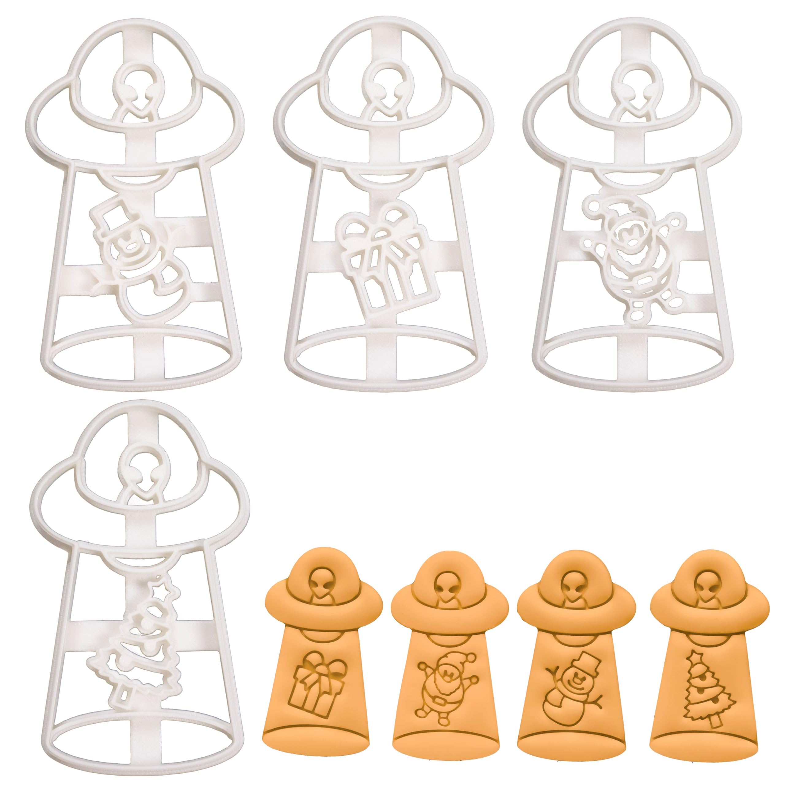 BAKERLOGY Set of 4 UFO Abducts Christmas Cookie Cutters (Designs: Santa Claus, Present, Snowman, and Xmas Tree) - Detailed Biscuit Cutter Design for Baking and Crafts, Ideal on Fondant, Dough, Clay