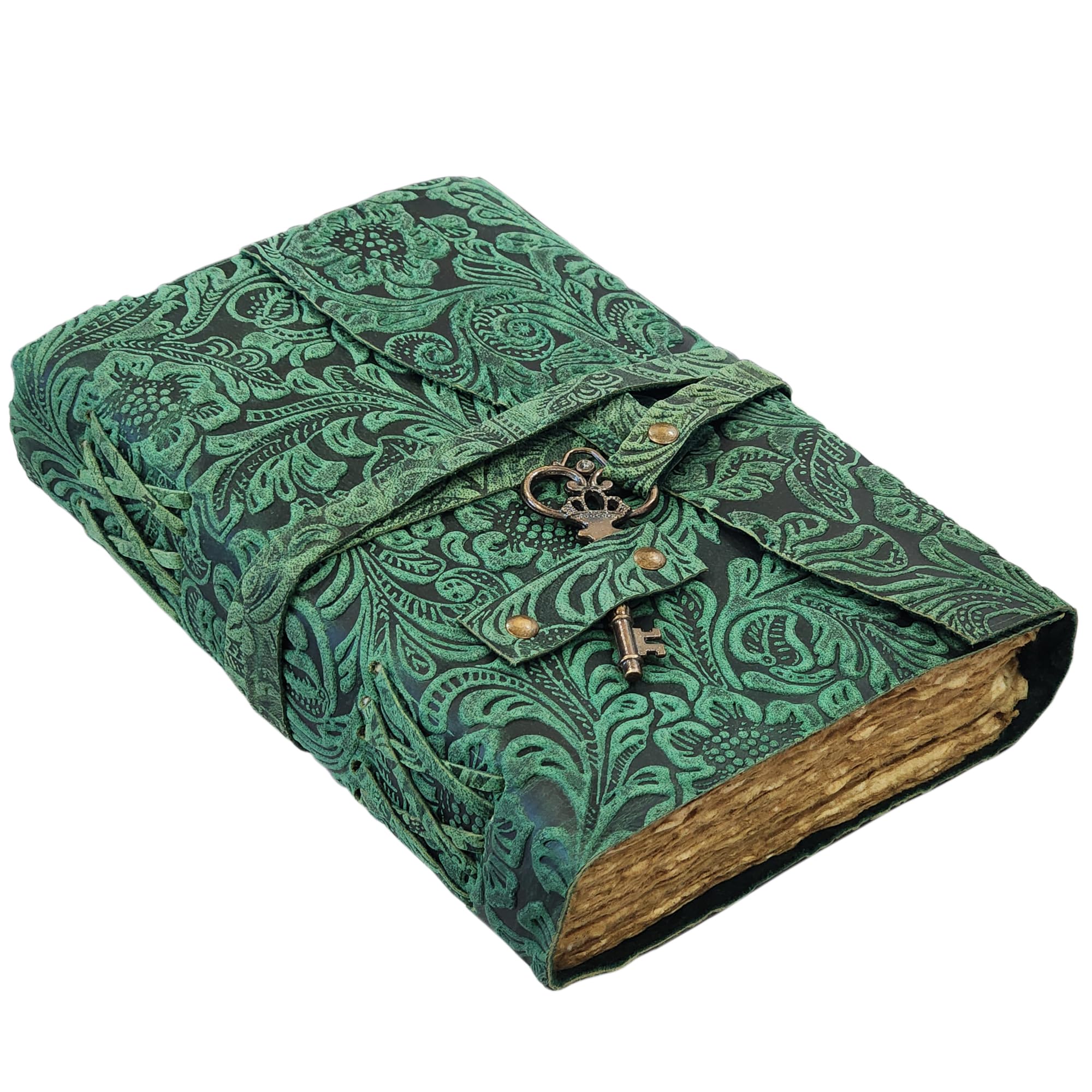 Leather Notebook, 200 Blank Pages - Handmade Bound Journals for Women and Men - For Travel Diary Writing, Daily Work, Sketchbook - Vintage Feel (10x7 Inch, A Green)