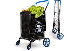 SereneLife Large Folding Utility Shopping Cart with Removable Liner – Heavy Duty, 360° Swivel Wheels, 110 lb Capacity, Portable for Groceries, Laundry, Luggage, and More (Blue)