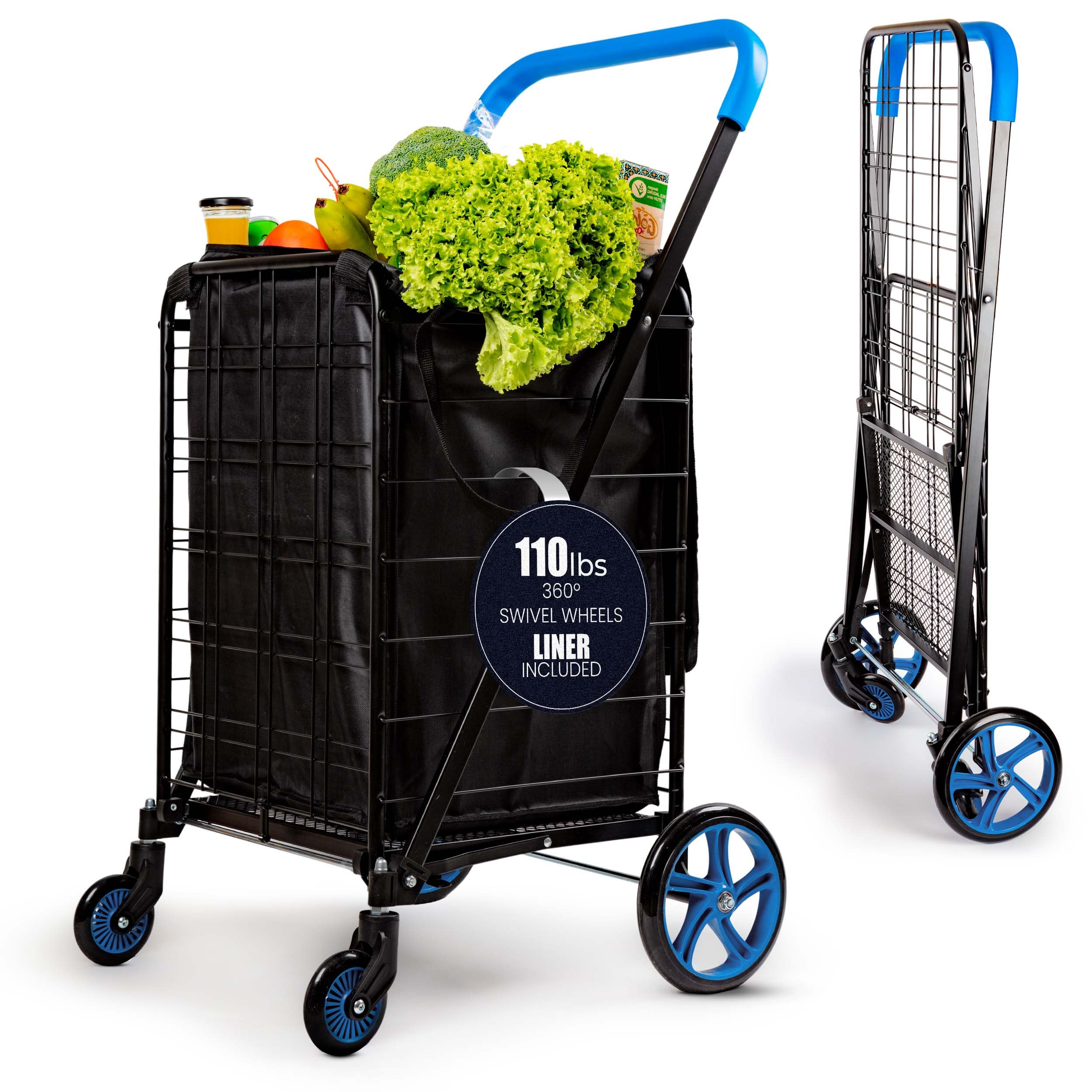 Photo 1 of SereneLife Large Folding Utility Shopping Cart with Removable Liner – Heavy Duty, 360° Swivel Wheels, 110 lb Capacity, Portable for Groceries, Laundry, Luggage, and More(Blue)