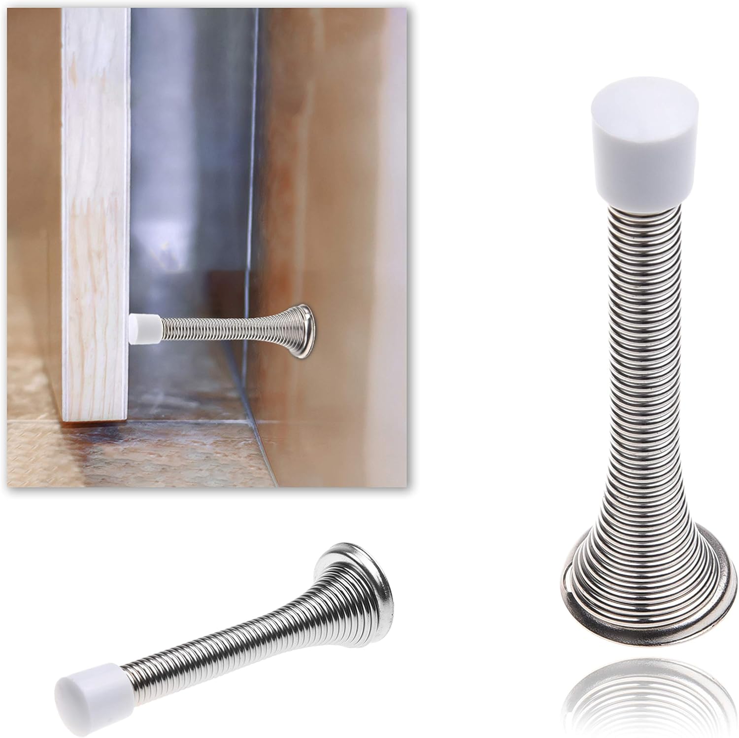 Kare & Kind 4X Spring Door Stoppers (Silver), Screw-in Flexible Steel Stoppers with White Rubber Bumper Tips - Image 5
