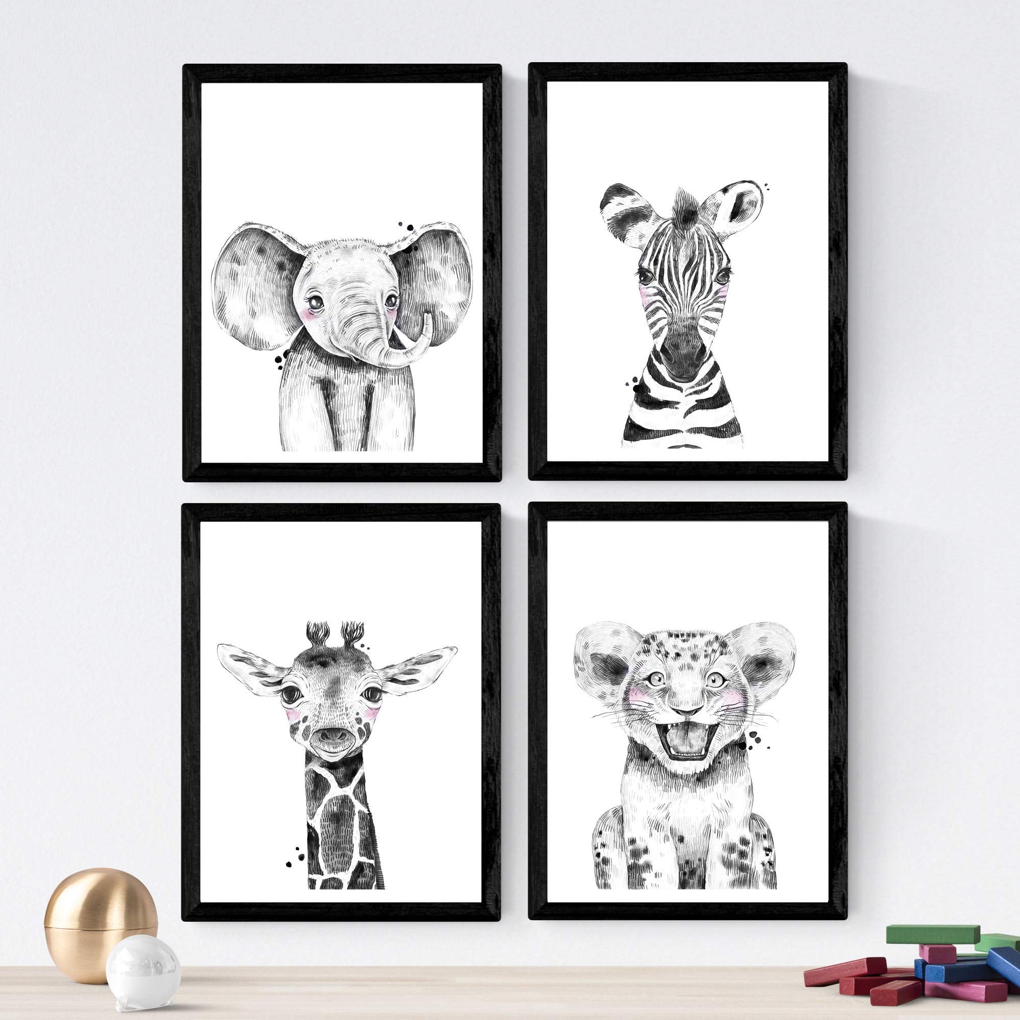 Nacnic Set of 4 Black & White Animals Posters. Portrait Style wall decoration of Giraffes, Elephants, Zebras and Leopards. Assorted creative Pictures from cute Animals smiling. Size A3, Frameless.
