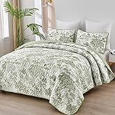 WONGS BEDDING Botanical Quilt Set King, Sage Green 3 Pieces Toile Floral Plants Printed Bedspread Bedding Set Soft Lightweight Microfiber Coverlet Set for All Season (104"x90")
