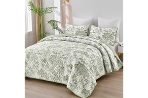 WONGS BEDDING Botanical Quilt Set Queen Size, Sage Green 3 Pieces Toile Floral Plants Printed Bedspread Bedding Set Soft Lightweight Microfiber Coverlet Set for All Season (96"x90")