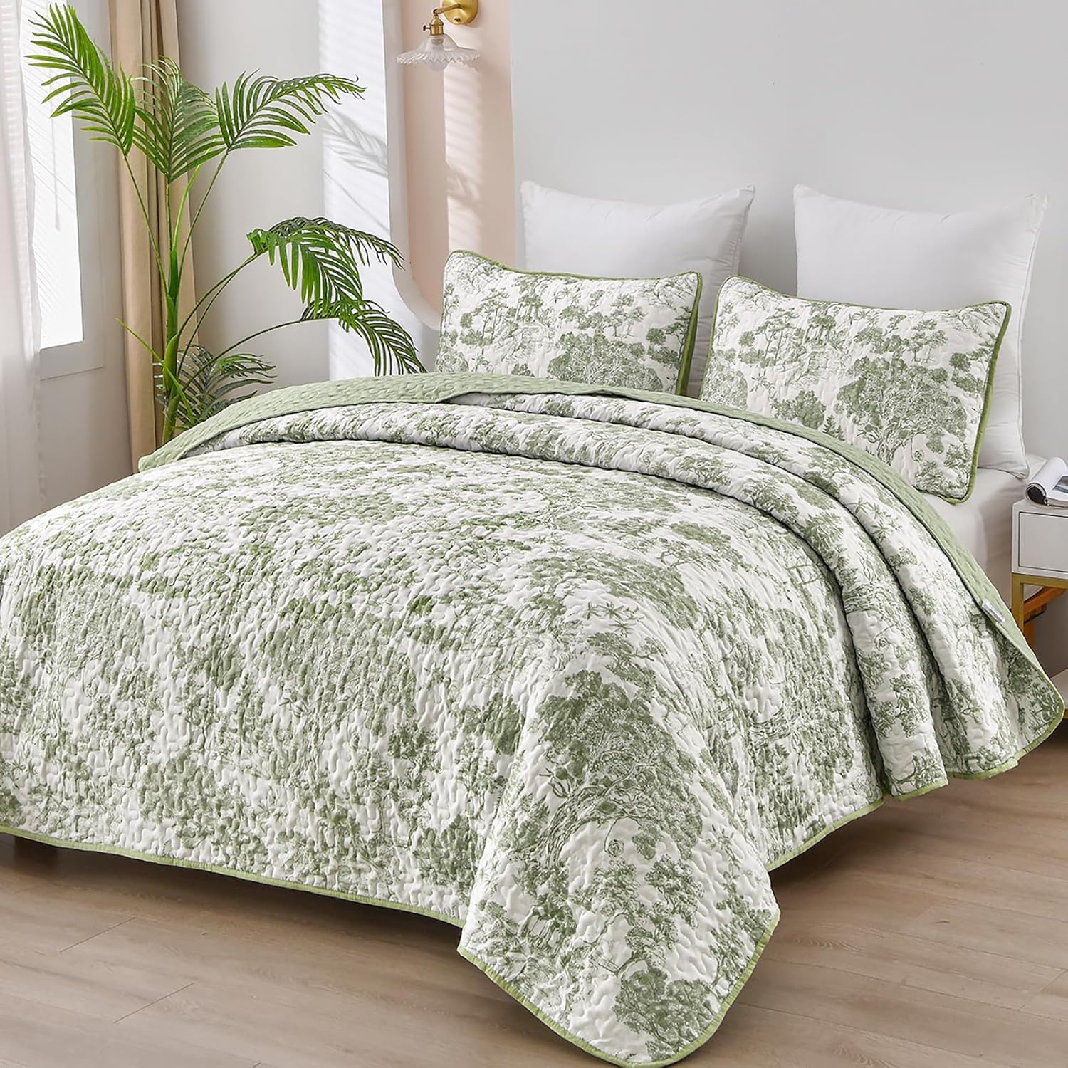 Photo 1 of WONGS BEDDING Botanical Quilt Set Queen Size, Sage Green 3 Pieces Toile Floral Plants Printed Bedspread Bedding Set Soft Lightweight Microfiber Coverlet Set for All Season (96"x90")