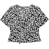 LYANER Women's Floral Print V Neck Tie Knot Ruffle Hem Short Sleeve Blouse Peplum Top