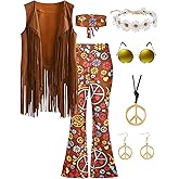 CICOCI 60s 70s Outfit For Women Hippie Costume 8pcs Fringe Vest Flared Pants Costume Peace Sign Necklace Earrings