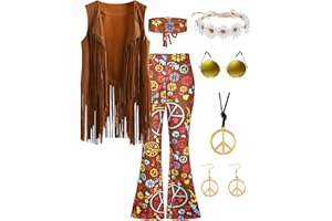 CICOCI 60s 70s Outfit For Women Hippie Costume 8pcs Fringe Vest Flared Pants Costume Peace Sign Necklace Earrings