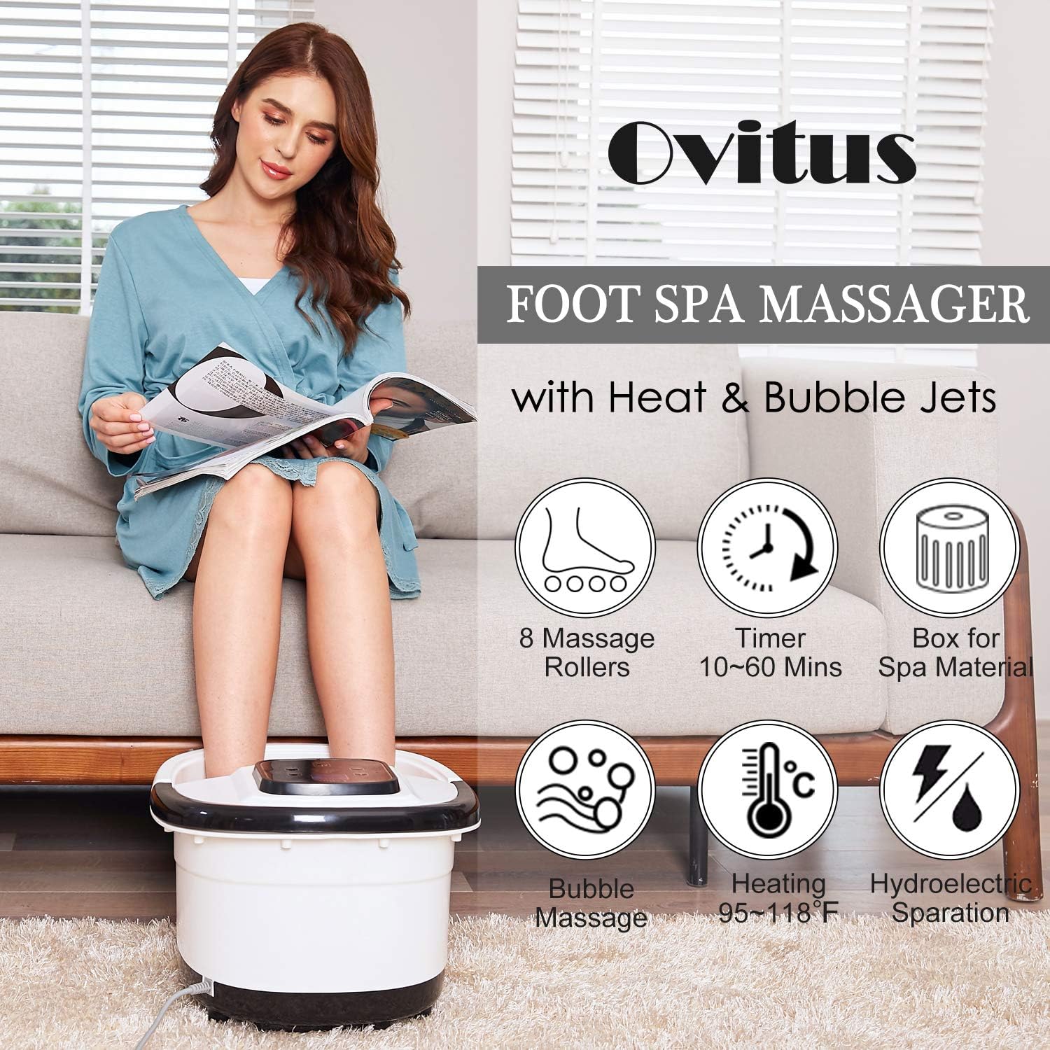 Foot Spa Bath Massager with Heat, Bubble Jets and 8 Removable Long Massage Rollers with Acupressure Massage Nodes, Material Box, Digital Adjustable Temperature Control, Portable Handle: Health & Personal Care