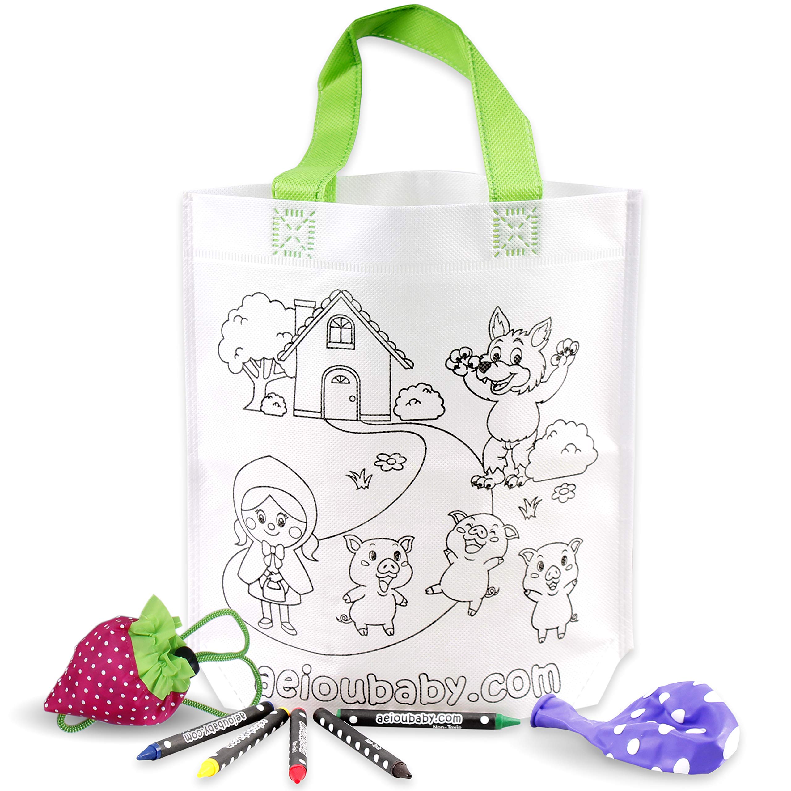 aeioubaby.com 30 Tote Bags Color Your Own + Reusable Bag | 30 Individual Bags, 5 Coloured Crayons and Balloon | Children's Gift for Parties and Birthdays (Story)